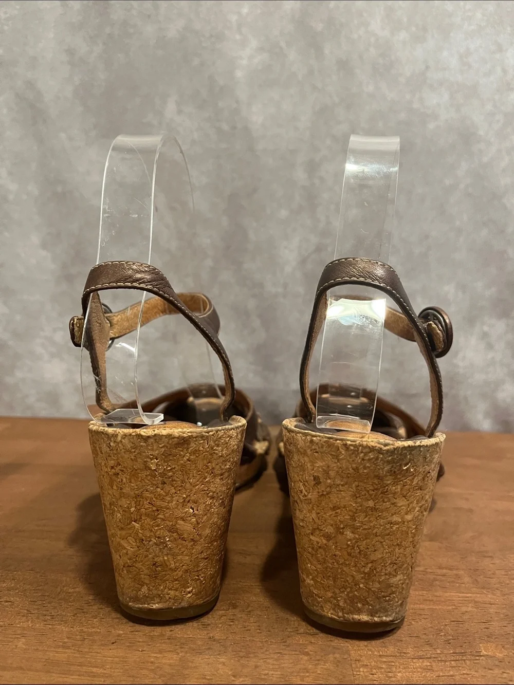 Clarks Brown Metallic Leather Cork Wedge Sandals with Ankle Strap size 6.5